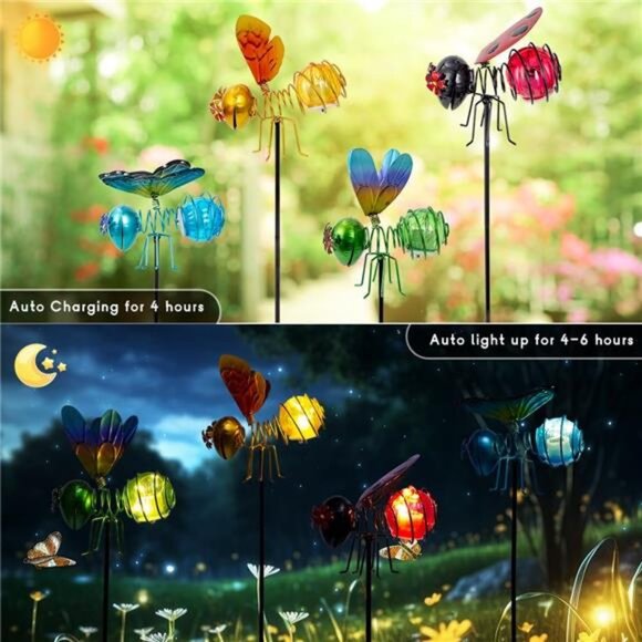 Insects Solar Garden Lights, 22.4" H Butterfly & Bee & Dragonfly & Ladybug - Picture 4 of 7